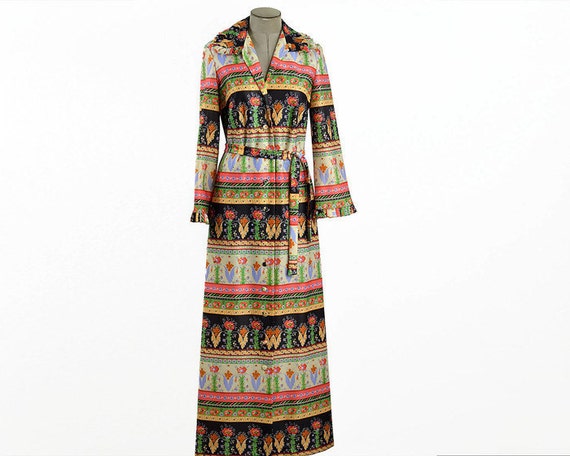 60s Vintage Long Sleeve Maxi Dress Button up Belte