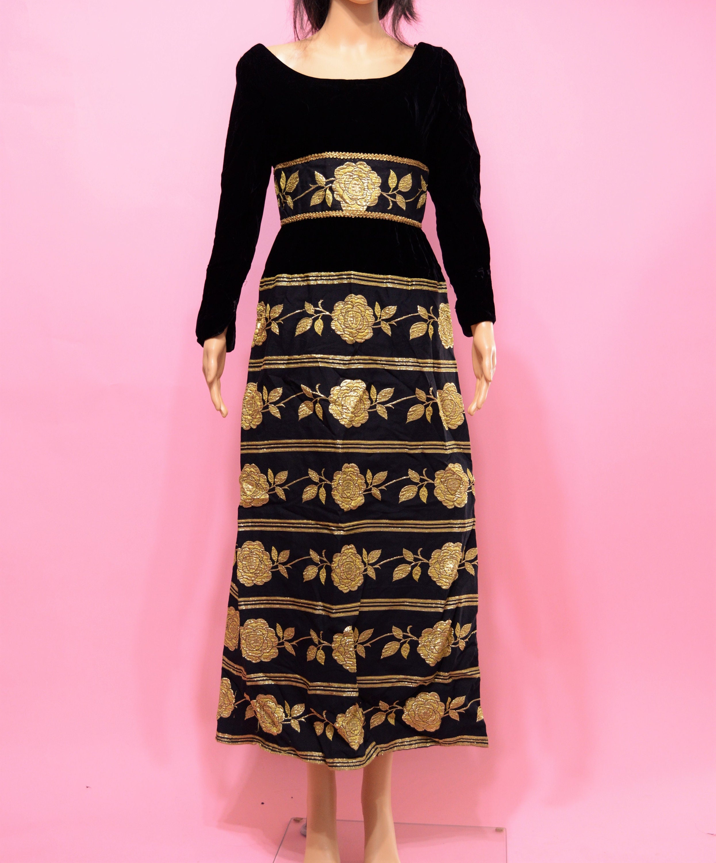 black velvet and gold dress