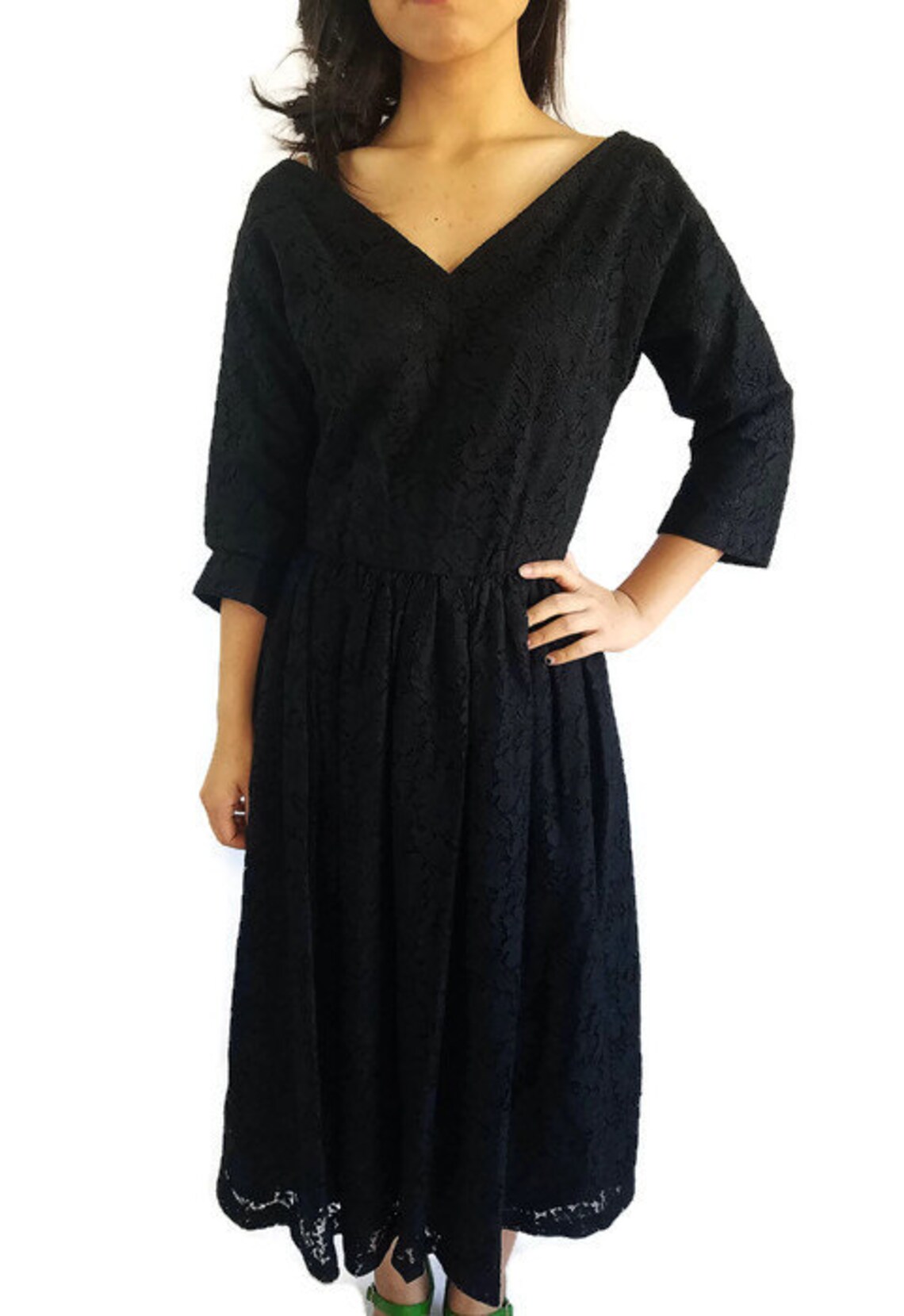 50s Vintage Black Lace Dress V Neck Etsy