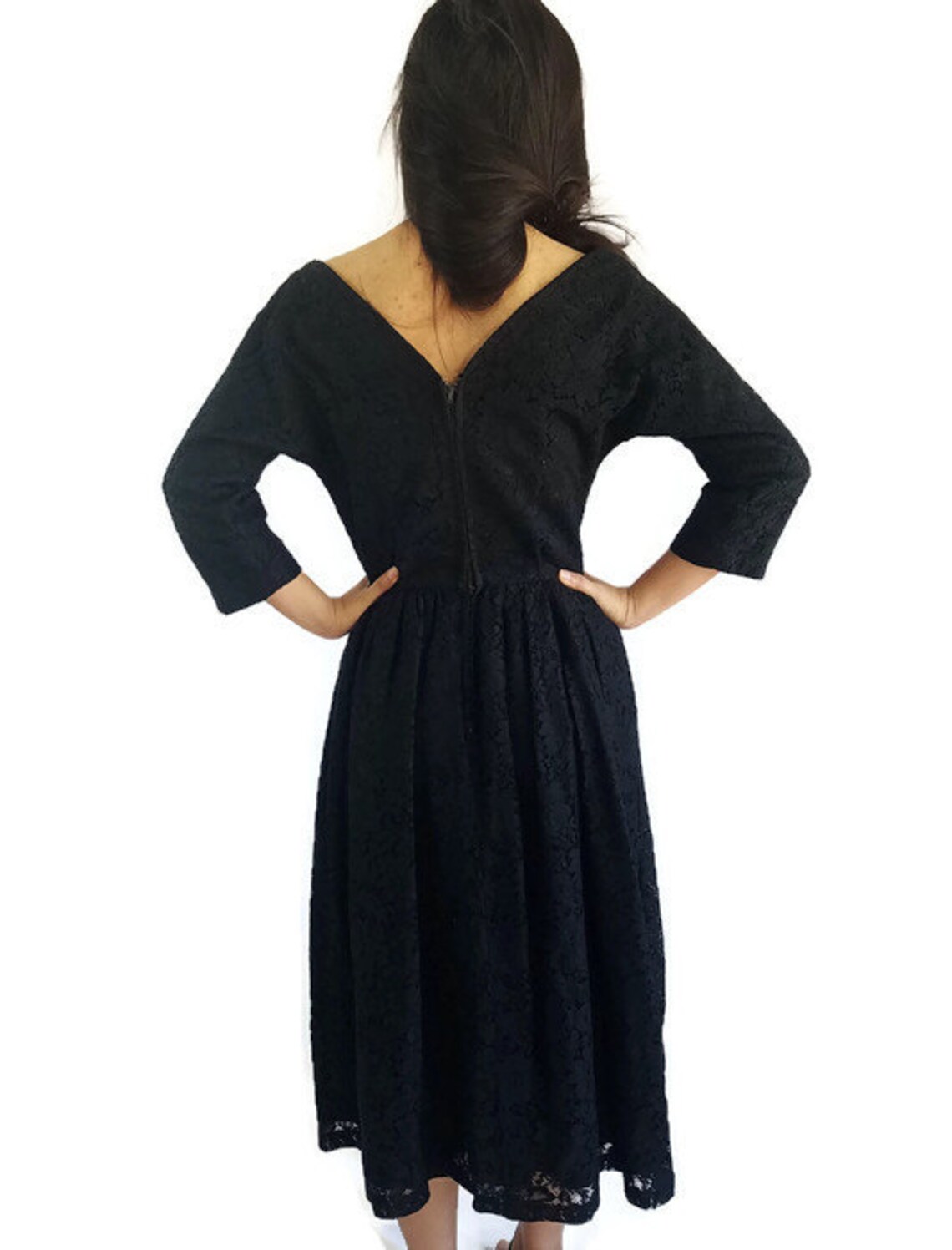 50s Vintage Black Lace Dress V Neck Etsy