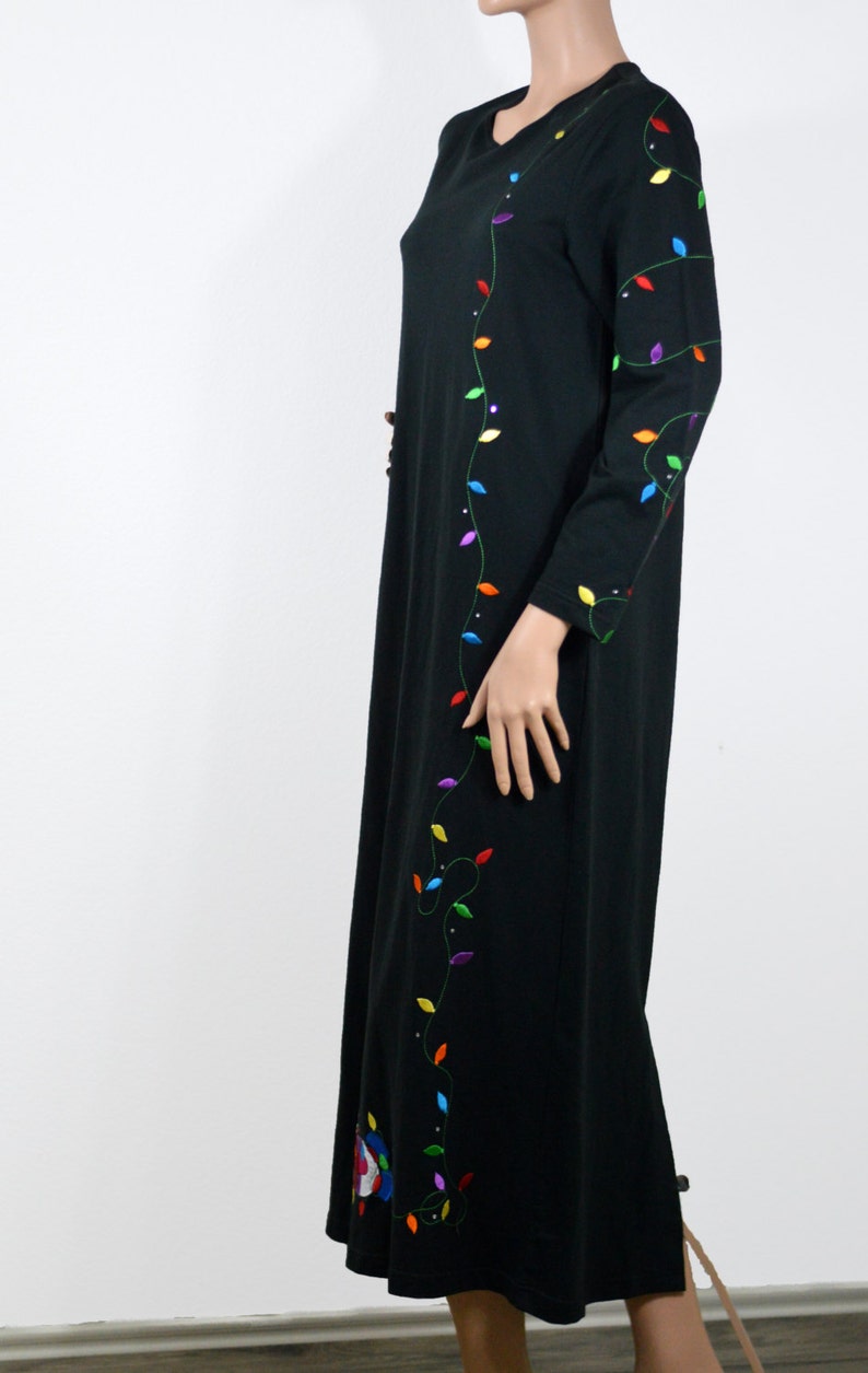 Vintage Ugly Tacky Christmas Maxi Dress Strings of Light and Rhinestones Sweater Party