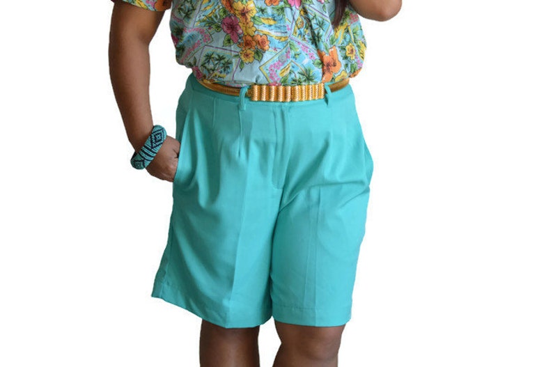 90\u2019s Vintage High Waisted Shorts Teal Polyester Sz 10