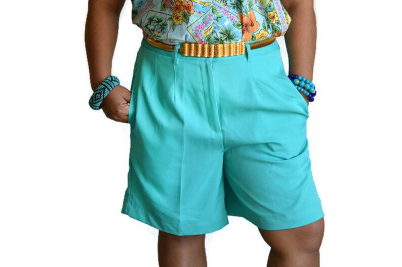 90\u2019s Vintage High Waisted Shorts Teal Polyester Sz 10