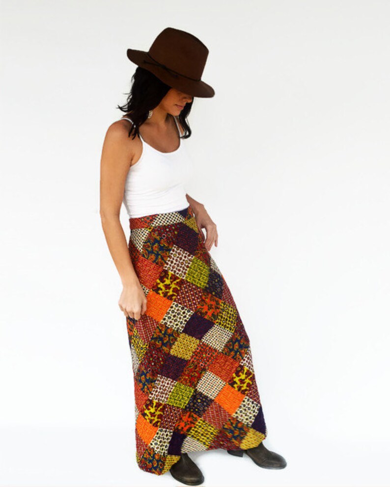 Sale 70/'s Vintage Boho Maxi Skirt Quilted Multi Patterned Sz Small