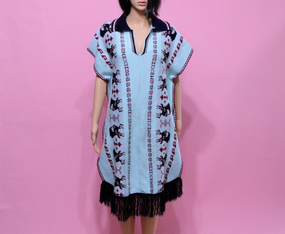 Vintage Mexican Poncho Sweater Light Blue