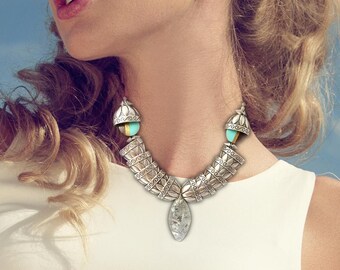 Handmade Silver Statement Necklace, Unique Medieval Necklace, Foil Wrapped Pendant, Warrior Princess Necklace, Metal Armor Necklace,
