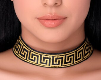 Greek Key Design Jewelry, Black & Gold Embroidered Choker, Greek Key Necklace, Greek Goddess Necklace, Roman Goddess Jewelry, Ribbon Choker