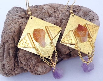 BOLD Handmade Festival Earrings, Amethyst, Boho, Sexy, Unique, Celebrity, Brass, Crystal, Dangle, Energy, Tribal (Serpentine Earrings)