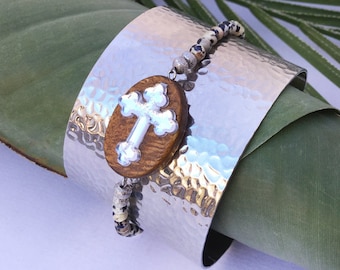Handmade Cross Bracelet, Cross Cuff, Chakra Bracelet, Healing Energy Bracelet, Spiritual, Viking Cuff, Wood Cross, boho cross bracelet