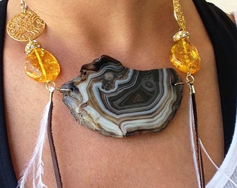 Handmade Geode Necklace, Agate, Healing, Energy, Choker,Tribal, Boho, Festival, Statement, Sexy, Goddess, Gypsy (Gentle Breeze Necklace)