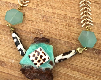 Handmade Amazonite Necklace, African Bone Bead Necklace, Tribal Goddess Necklace, Boho Shell Necklace, Green Statement Necklace, Boho Choker