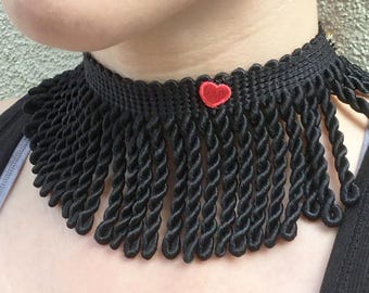 Handmade Tassel Choker, Renaissance Fair Necklace, Goth Choker, Burlesque Necklace, Big Black Choker, Extra Wide Choker, Pretty Lace Choker