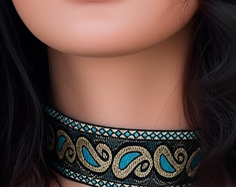 Handmade Patterned Choker, Floral or Shape Pattern Choker, Beautiful Flower Choker, Metallic Fabric Choker, Shiny Gold Choker, Cloth Choker
