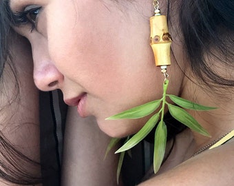 Handmade Leaf Earrings, Bamboo, Tropical, Goddess, Tribal, Beach, Sexy Earrings, Coachella, Unique, Boho, Long (Seaside Safari Earrings)