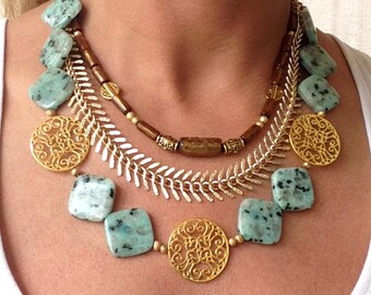 Handmade Multi Strand Necklace, Beautiful Tribal Jewelry, Layered Statement Necklace, Unique Jewelry for Her, Beaded Bib Necklace