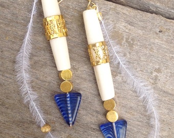 Most Unique Handmade Feather Earrings, Bone and Feather Statement Earrings, Sexy Gold & Blue Earrings, Native Chic Dangle Earrings, Cowgirl