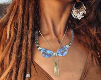 Handmade Statement Necklace, Blue Beaded Necklace, Royal Princess Necklace, Space Age Jewelry, Shiny Crystal Necklace, One of a Kind Jewelry