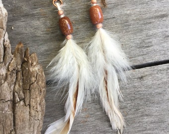 Handmade Boho Earrings, Feather, Goldstone, Gypsy, Tribal, Festival, Western, Native, Celebrity, Unique, Sexy, Hippie (Take Flight Earrings)