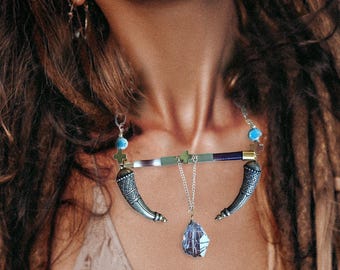 Unique Porcupine Quill Necklace, Tibetan Jewelry, Tribal Statement Necklace, Wrapped Crystal Pendant , Viking Warrior Necklace, Odin Jewelry