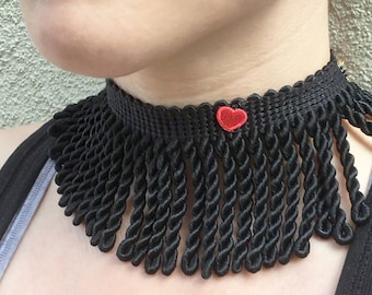 Handmade Fringe choker, Renaissance collar, Tassel Choker, Gothic Necklace, Heart Choker, Festival Choker, Burlesque Collar, Black choker