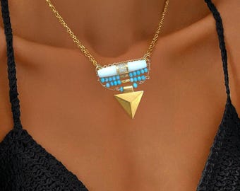 Handmade Unique Boho Necklace, Sexy Tribal Jewelry, Gold Triangle Pendant, Bone Bead Jewelry, Green Jasper, Healing Energy Jewelry, Gift