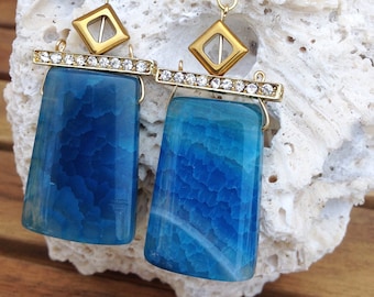 Handmade Agate Earrings, Boho, Tribal, Gypsy, Festival, Healing, Sexy, Blue, Goddess, Unique, Crystal, Warrior  (Lost Underwater Earrings)