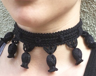 Handmade Tassel Choker, Goth choker, Victorian Necklace, Goddess Collar, Celebrity Choker, Fringe balls, Pom Pom choker, Lace Collar, Sexy