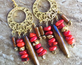 UNIQUE Handmade Tribal Earrings, Boho, Warrior, Gypsy, Bone, Red, Goddess, Summer, Sexy, Statement, Coral (Hunt for the Truth Earrings)