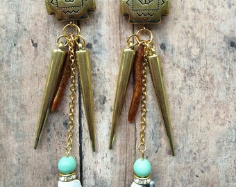 Handmade Boho Safari Earrings, Unusual Spike Dangle Earrings, Brass Coral Shell Statement Earrings, Unique Tribal Earrings, Western Earrings