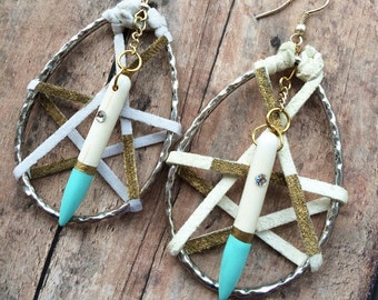 Handmade Tribal Earrings, Leather Wrapped, Hand-painted, Bone Spike, Swarovski, Dream Catcher, Celebrity, Boho, Unique (Dream Web Earrings)