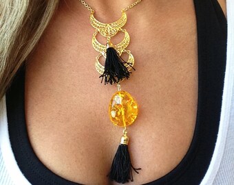 Gold Crescent Moon Filigree Pendant Necklace, Amber Resin Gemstone & Black Tassel Lariat, Celestial Boho Statement Jewelry, Gift For Her