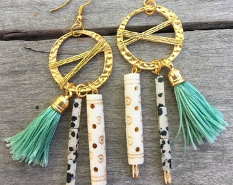 Handmade Tribal Earrings, Boho, Warrior, Gypsy, Tassel, Wood, Goddess, Summer, Sexy, Unique, Statement, Bone (Attention Grabber Earrings)