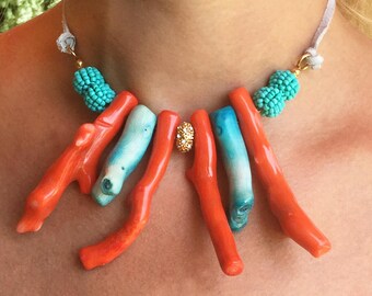 Red Coral Necklace, Beaded Shell Choker, Beach, Summer Necklace, African Necklace, Southwestern Jewelry, Chunky Orange Coral necklace, Sexy