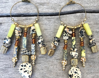 Big Gemstone Dangle Earrings, Speckled Stone Earrings, Unique Handmade Tribal Earrings, Dalmatian Bead Multi Strand Earrings, Boho Earrings