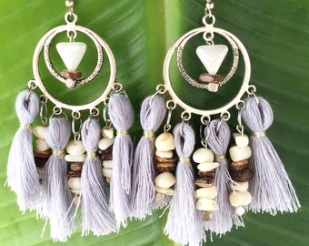 Handmade Boho Tassel Earrings, Natural Agate Hoop Earrings, Coconut Shell Dangle Earrings, Beautiful Tribal Fringe Earrings, Chandelier
