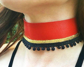 Handmade Red Leather Choker, Burlesque Necklace, Sexy Choker, Gothic Choker, Ring Leader Collar, Red Collar, Black Tassel Choker, Unique
