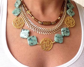 Handmade Multi Strand Necklace, Beautiful Tribal Jewelry, Layered Statement Necklace, Unique Jewelry for Her, Beaded Bib Necklace