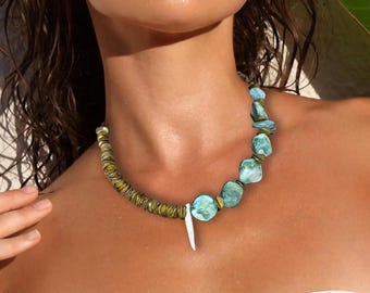 Handmade Tribal Necklace, Gold Goddess Jewelry, Music Festival Choker, Unique Statement Necklace, Warrior Jewelry, Green & Gold Necklace