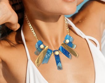 Handmade Blue Agate Necklace, Powerful Healing Necklace, Stone Energy Jewelry, Blue & Gold Gemstone Necklace, Big Statement Necklace, Gift