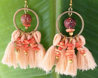 Handmade Tribal Earrings, Boho, Warrior, Gypsy, Tassel, Wood, Goddess, Summer, Sexy, Unique, Statement, Agate  (Jamaica Breeze Earrings)