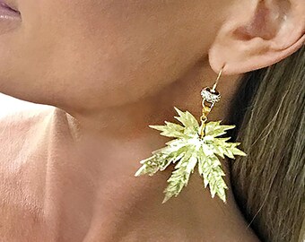 Handmade Upscale Cannabis Leaf Earrings, Sexy Pot Leaf Earrings, Unique Gold Weed Leaf Earrings, Marijuana Statement Earrings, Maple Leaf