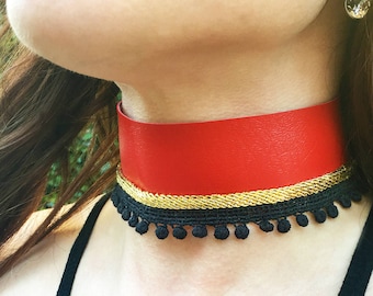 Handmade Red Leather Choker, Burlesque necklace, Sexy Choker, Goth Choker, Fun Choker, Cosplay Choker, Red Collar, Red Necklace, Victorian