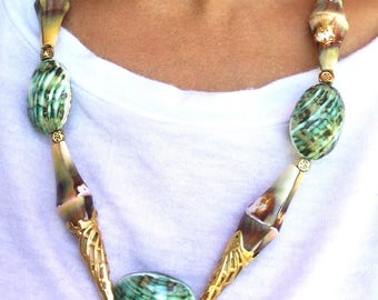 Handmade Shell Jewelry, Bamboo Statement Necklace, Beach Seashell Necklace, Handmade Turquoise Necklace, Shell Necklace Mermaid, Beach Gift