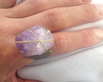 Handmade Wrapped Stone Ring, Amethyst Crystal Ring, Healing Ring, Boho, Energy, Power, Meditation Yoga, Chakra Jewelry, Rock Ring, Unique