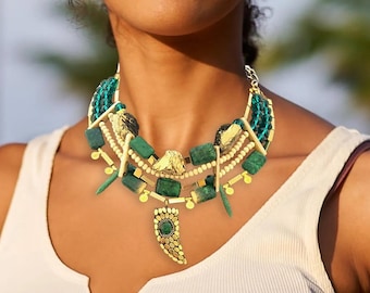 Handmade Tribal Necklace, Multi Strand Necklace, Beautiful Layered Necklace, Unique Bib Necklace, Tribal Goddess Jewelry, Big Bold Necklace