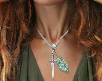 Handmade Sword Necklace, Unique Sword Pendant, Artificial Leaf Pendant, Medieval Necklace, Renaissance Fair Jewelry, Shield Maiden Necklace