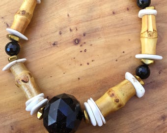 Handmade Bamboo Necklace, Boho, Beach, Summer, Onyx, Festival, Goddess, Statement, Gypsy, Tribal, Sexy, Unique (Beach Blackout Necklace)