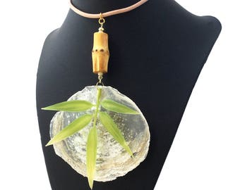 Handmade Leaf Necklace, Capiz Flat Shell, Bamboo, Tropical, Goddess, Tribal, Beach, Sexy Choker, Coachella, Unique (Seaside Safari Necklace)