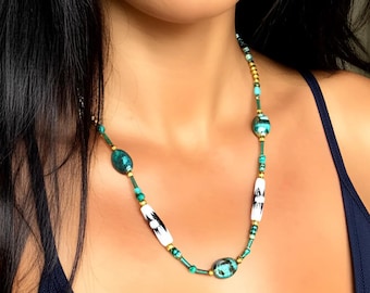 Abalone Shell Necklace, Handmade Tribal Choker, Batik Beaded Necklace, African Choker, Bone Beaded Necklace, Jungle Goddess Necklace, Gift