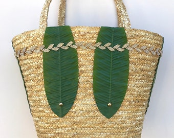 Handmade Straw Bag, Banana Palm Leaf Decor, Boho Purse, Summer Beach Bag, Festival Clutch, Tropical Wedding Decor, Flower, Rhinestone Trim